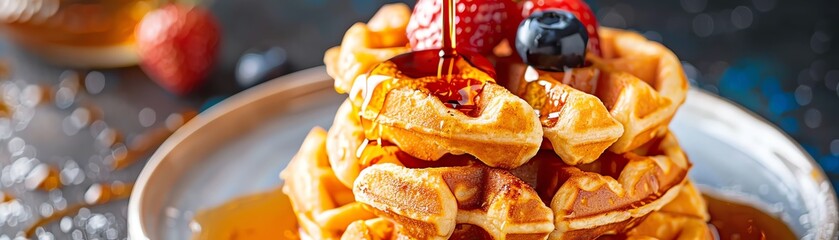 Cornbread waffles stacked on a plate, drizzled with maple syrup, a modern breakfast twist, [Cornbread], [breakfast fusion]