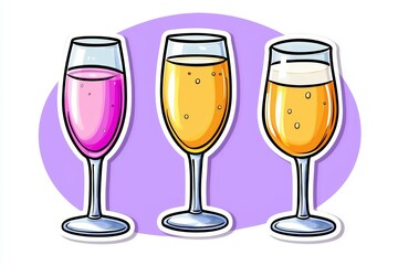 Three glasses of different colored drinks, one of which is pink