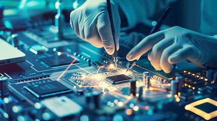 Fototapeta na wymiar Testing the functionality of a microchip an engineer employs cutting-edge measuring devices and probes on a testing bench in a high-tech laboratory environment focused on precision and analysis