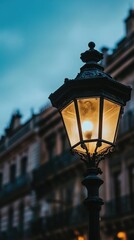 Vintage street lamp illuminating european city at twilight