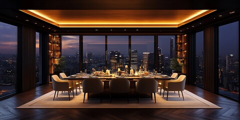 Modern dining room with city view at night.