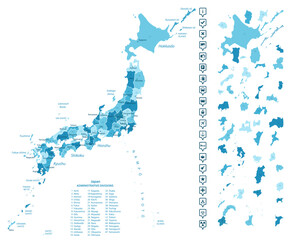 Japan - detailed map of the country in blue colors, divided into regions. Infographic icons. Vector illustration.