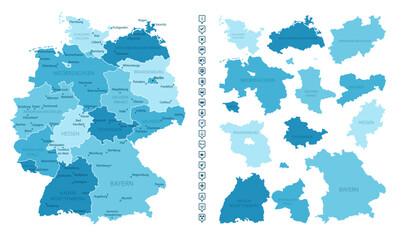 Germany - detailed map of the country in blue colors, divided into regions. Infographic icons. Vector illustration.