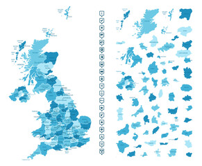 United Kingdom - detailed map of the country in blue colors, divided into regions. Infographic icons. Vector illustration.