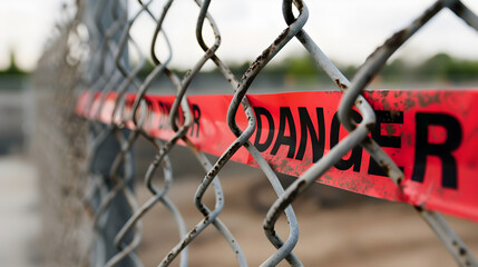 Red Danger Tape Stretched Across a Chain-Link Fence Signaling Hazard