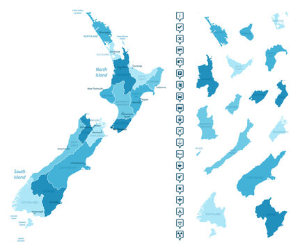 New Zealand - detailed map of the country in blue colors, divided into regions. Infographic icons. Vector illustration.