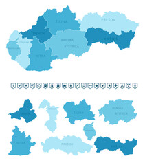 Fototapeta premium Slovakia - detailed map of the country in blue colors, divided into regions. Infographic icons. Vector illustration.