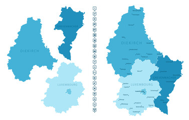 Luxembourg - detailed map of the country in blue colors, divided into regions. Infographic icons. Vector illustration.