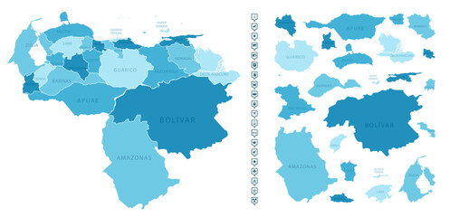Venezuela - detailed map of the country in blue colors, divided into regions. Infographic icons. Vector illustration.