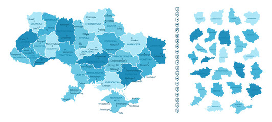Ukraine - detailed map of the country in blue colors, divided into regions. Infographic icons. Vector illustration.