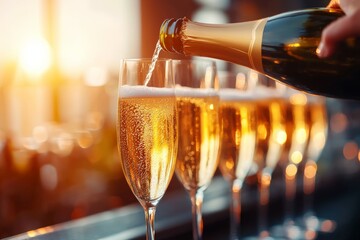 A person is pouring champagne into a row of glasses