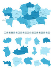 Fototapeta premium Kazakhstan - detailed map of the country in blue colors, divided into regions. Infographic icons. Vector illustration.
