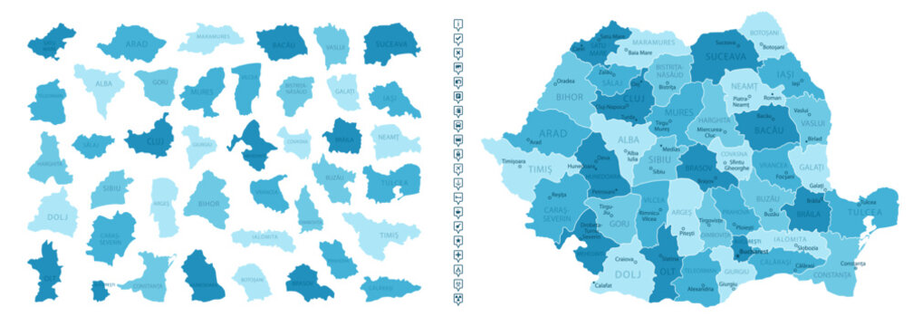Romania - detailed map of the country in blue colors, divided into regions. Infographic icons. Vector illustration.