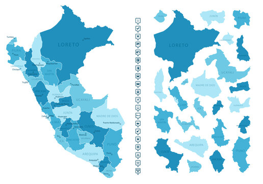 Peru - detailed map of the country in blue colors, divided into regions. Infographic icons. Vector illustration.
