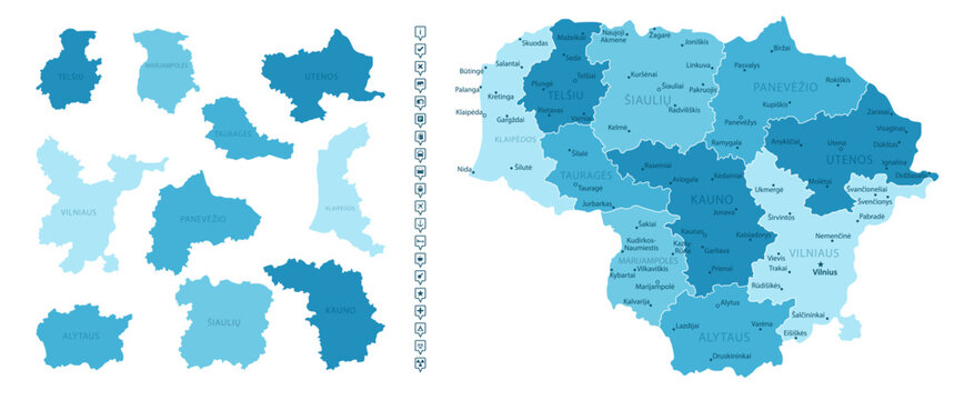 Lithuania - detailed map of the country in blue colors, divided into regions. Infographic icons. Vector illustration.