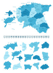 Estonia - detailed map of the country in blue colors, divided into regions. Infographic icons. Vector illustration.