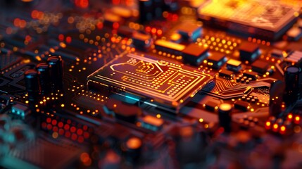 Obraz premium An extreme close-up image showcasing the intricate architecture of a microchip under a powerful microscope highlighting its detailed and complex design for technology enthusiasts