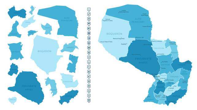 Paraguay - detailed map of the country in blue colors, divided into regions. Infographic icons. Vector illustration.