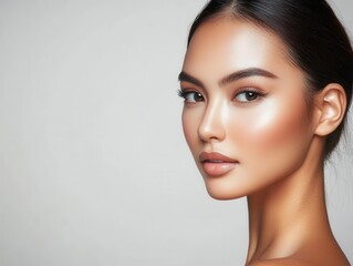 Naklejka premium Elegant portrait of a woman with flawless skin and sleek hair, highlighting natural beauty and sophisticated makeup on a neutral background.