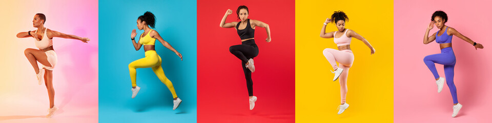 A group of women engages in various energetic exercises, showcasing fitness and strength against...