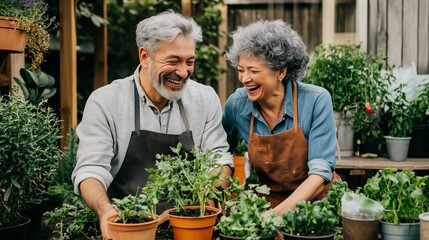 Happy elderly couple gardening together in a vibrant greenhouse surrounded by various plants and flowers during daylight hours