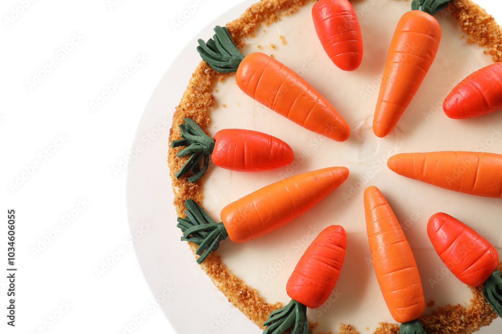 Wall mural Delicious carrot cake isolated on white, top view