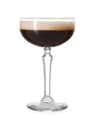 One glass of delicious espresso martini on white background