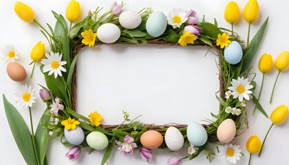 Charming Easter frame with colorful eggs and spring flowers on a white background