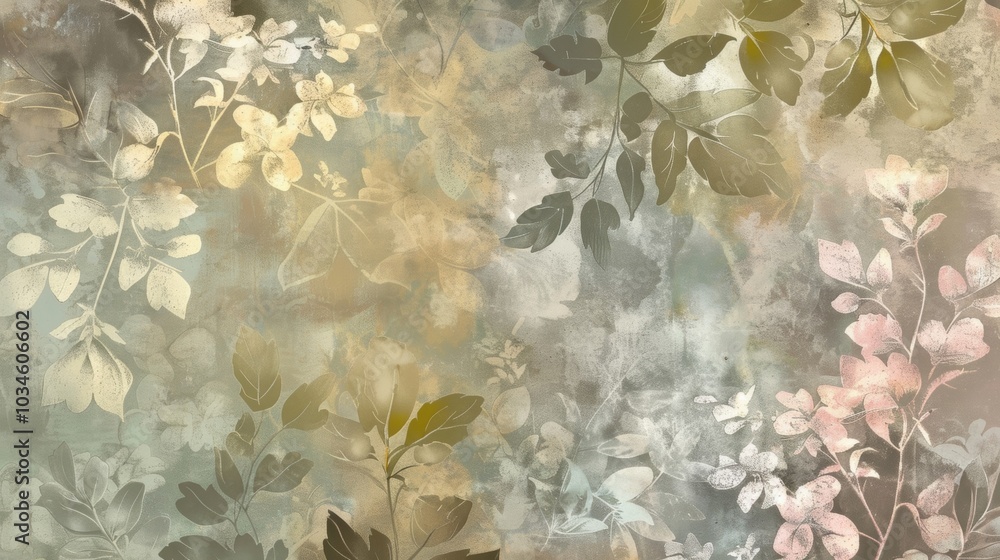 Poster a whimsical and dreamy faded botanical design with a grainy gradient and muted colors that create a 