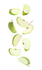 Sliced green apples in air on white background