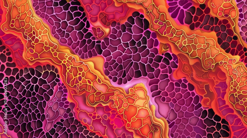 Poster an intricate design of overlapping interlocking patterns in shades of magenta and orange recalling t