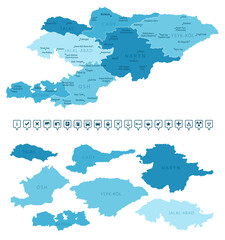 Kyrgyzstan - detailed map of the country in blue colors, divided into regions. Infographic icons. Vector illustration.