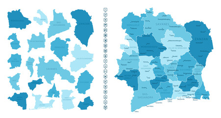 Naklejka premium Ivory Coast - detailed map of the country in blue colors, divided into regions. Infographic icons. Vector illustration.