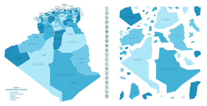 Algeria - detailed map of the country in blue colors, divided into regions. Infographic icons. Vector illustration.