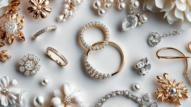 A collection of delicate gold and silver jewelry sits on a white background, sparkling with diamonds and pearls