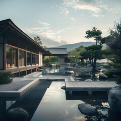 Fototapeta premium Serene Zen Monastery: Embracing Timeless Tranquility Amidst Nature’s Harmony