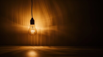 Dark empty room with single flickering light bulb casting long shadows, emphasizing absence of power and eerie atmosphere, minimalist setting with focus on light bulb's glow.