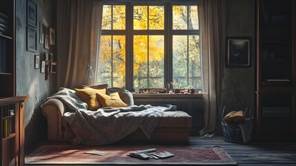 153. A cozy family room with blankets and an empty area for a product