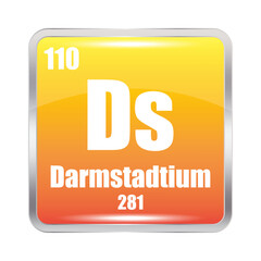 Darmstadtium icon. Ds chemical element. Atomic number 110. Mass 281. Shiny orange square.