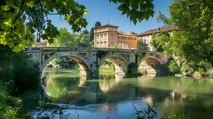 Fototapeta premium bridge over the river, Historic Bridge Over a Serene River Surrounded by Lush Greenery