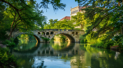 Fototapeta premium bridge over the river, Historic Bridge Over a Serene River Surrounded by Lush Greenery