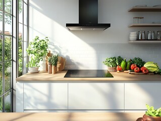 Modern kitchen counter with black range hood, wooden countertop, and fresh vegetables.