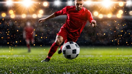 Naklejka premium Dynamic soccer player kicking ball on a bright stadium field under spotlights