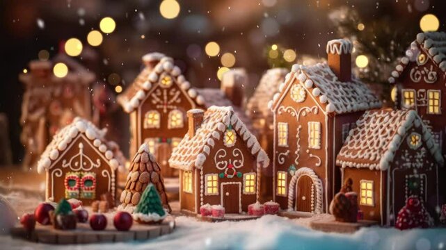 Christmas gingerbread houses on wooden table with bokeh background and snowfall. Pastries in the form of houses. Festive scene with holiday pastries. Christmas and New Year background.