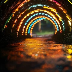 A colorful pathway through a neon-lit tunnel surrounded by nature's beauty