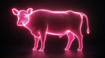 Fototapeta premium Vibrant neon representation of a cow in a digital landscape for modern art enthusiasts