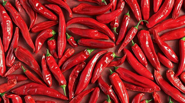 Red chili peppers lay scattered on a red surface
