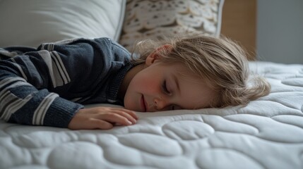 A young child peacefully sleeps on a cozy mattress, showcasing a serene and tranquil moment in a softly lit room.