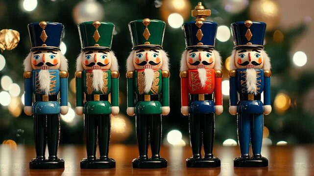 Five colorful nutcrackers stand in a row on a wooden table in front of a Christmas tree