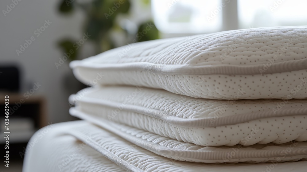 Poster a close-up view of neatly stacked white bedding pillows, displaying a soft texture and clean lines i